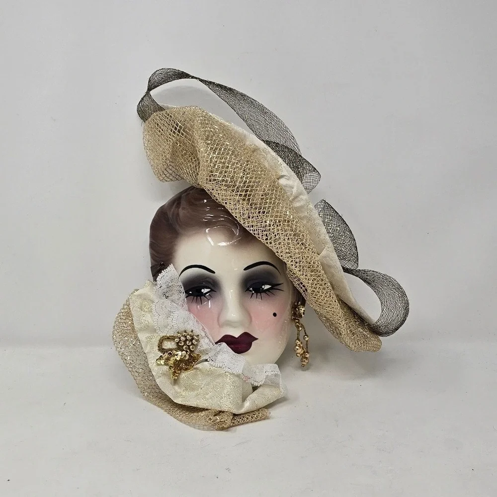 Vtg Unique Creations decorated porcelain lady face mask wall hanging venetian